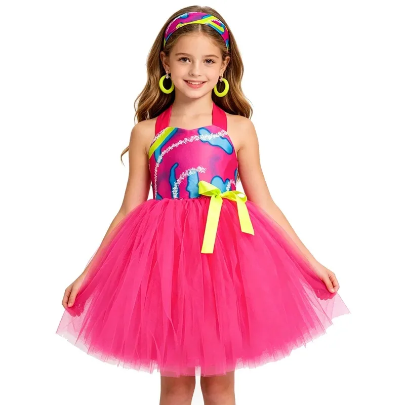 Hot Pink Vintage Girls' Puffy Dress Outfit, Kids Vintage Princess Fluffy Tulle Dress for Christmas, Birthday and Party Events
