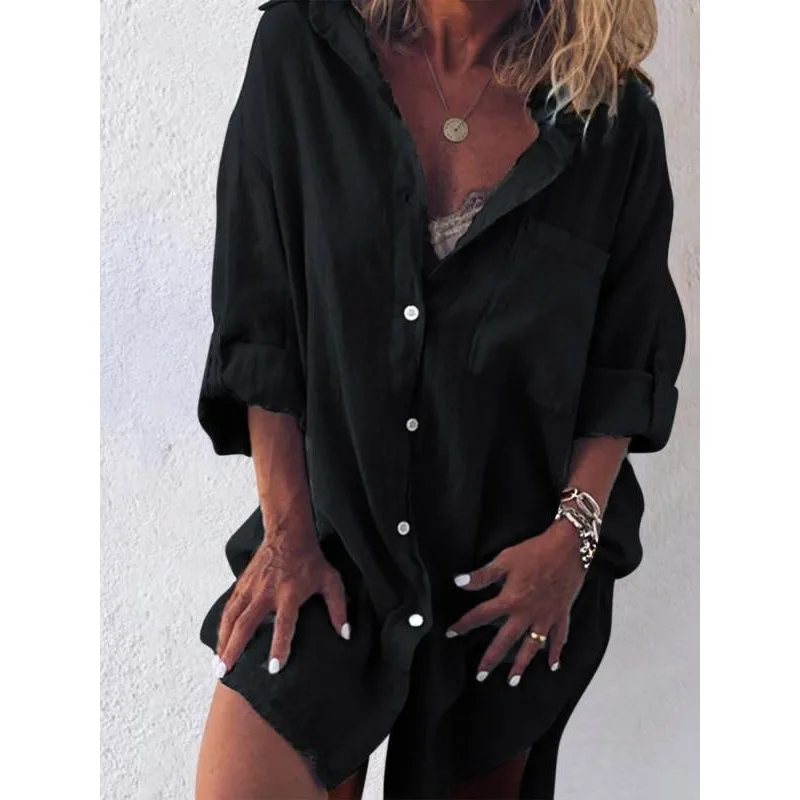 

Большие размеры 1XL-5XL, женская повседневная рубашка с лацканами и пуговицами, модная женская однотонная повседневная рубашка с карманами и длинными рукавами