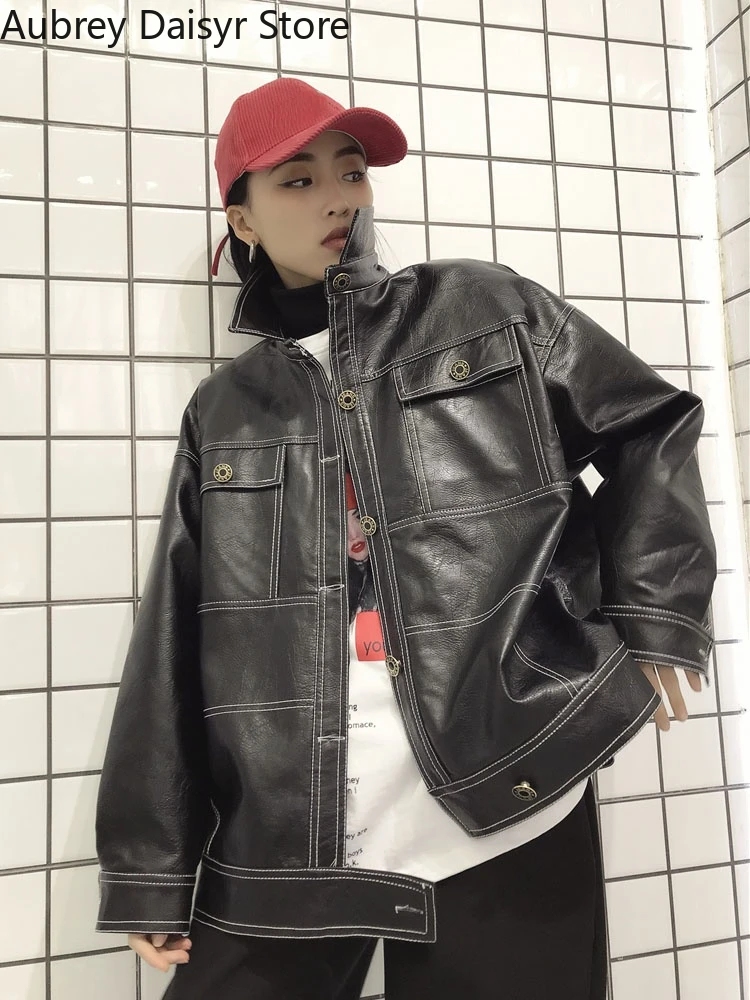 Korean Black Leather Jacket Women Streetwear Harajuku Loose Moto Jacket Women Vintage High Street Punk Outerwear Biker Coat 2022