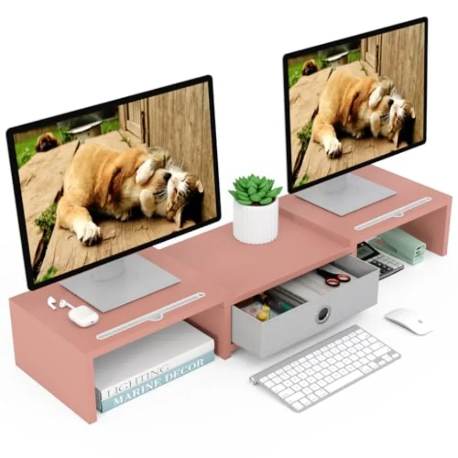 

Dual 3 Shelf Computer Riser with Drawer, Adjustable Length and Angle, Desktop 2 Monitor Stand Storage Organizer