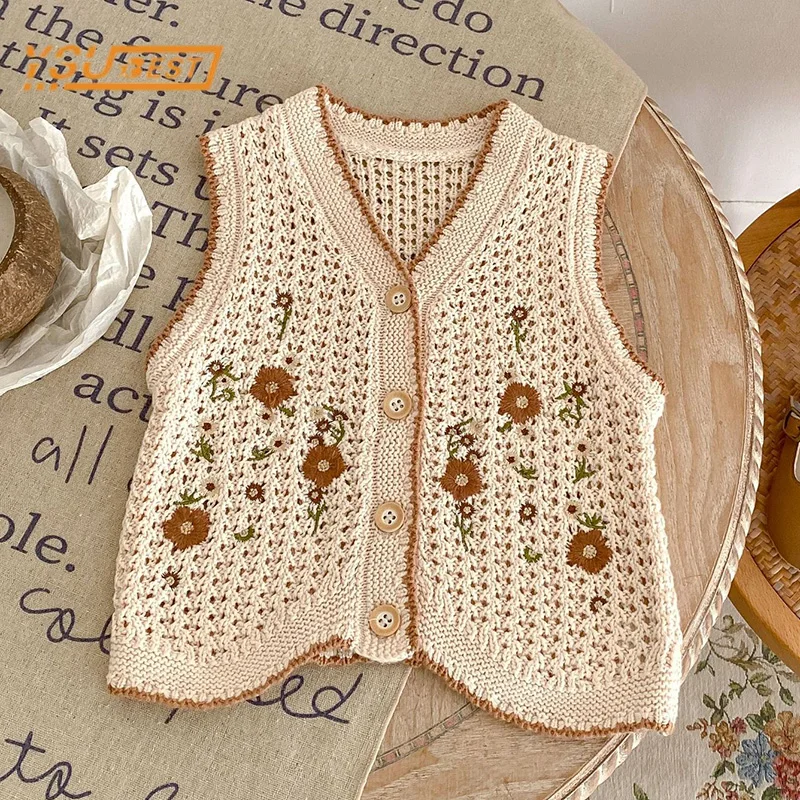 

0-3Yrs Autumn Baby Girl Sleeveless Sweet V-neck Hollow Out Embroidery Vest Infant Kids Baby Girls Knitted Sweaters Cardigan Coat