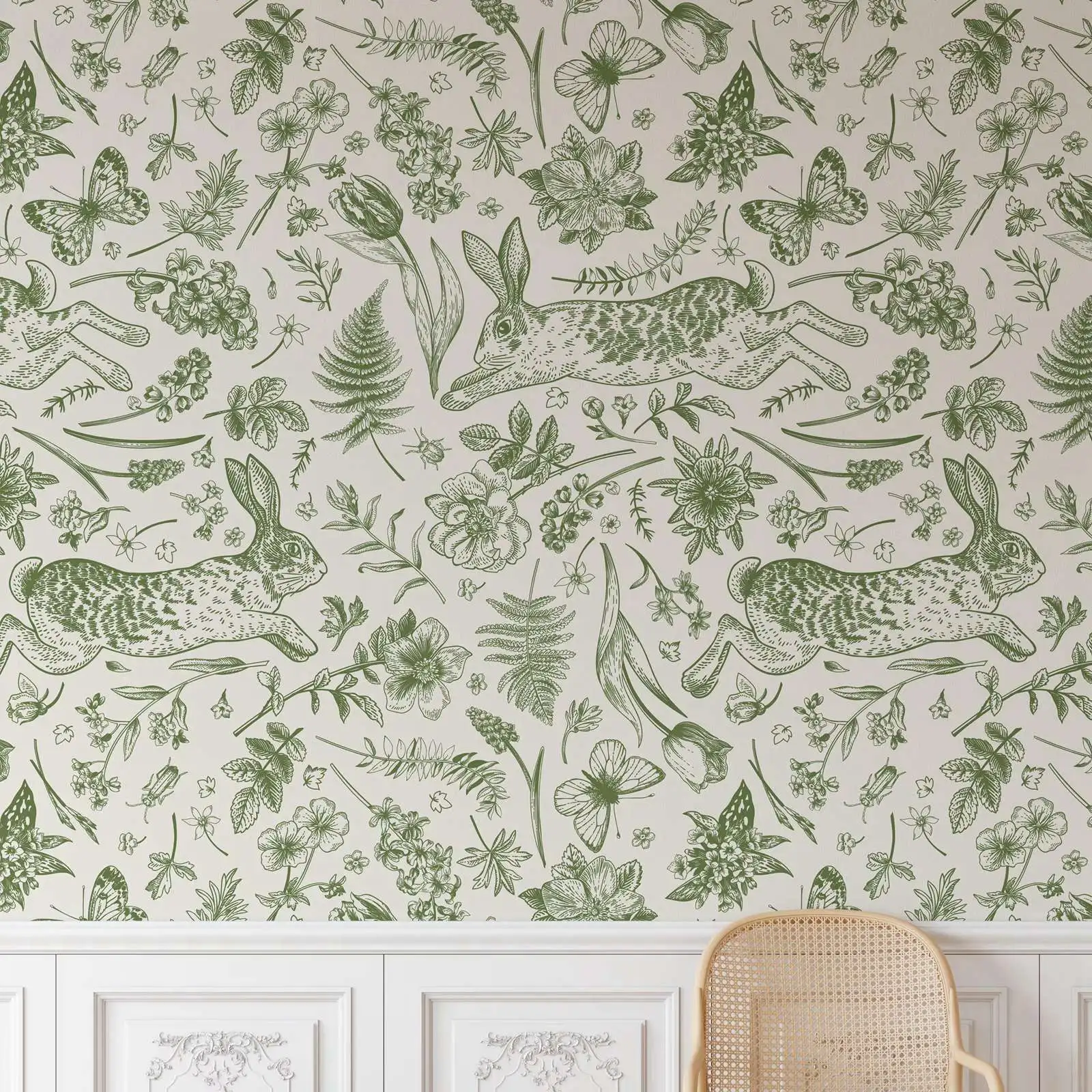 Vintage Botanical Rabbit Wallpaper, Green Forest,Peel and Stick,Self-adhesive & Traditional Wall Covering For Cozy Bedroom Decor