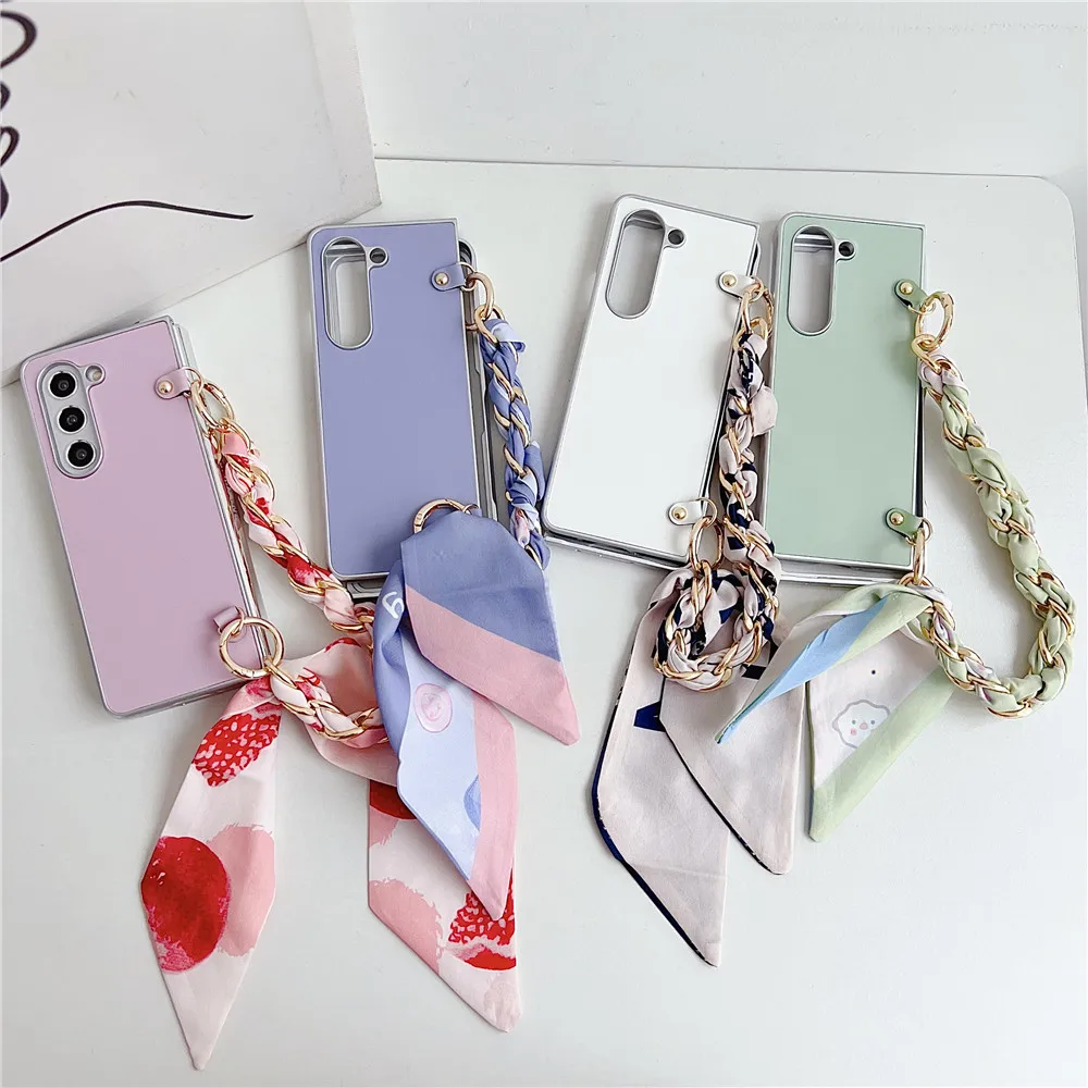 Fashion Electroplated Candy Color Scarf Short Chain Leather Case For Samsung Galaxy Z Fold4 Case For Galaxy Z Fold5 Cover Fold3