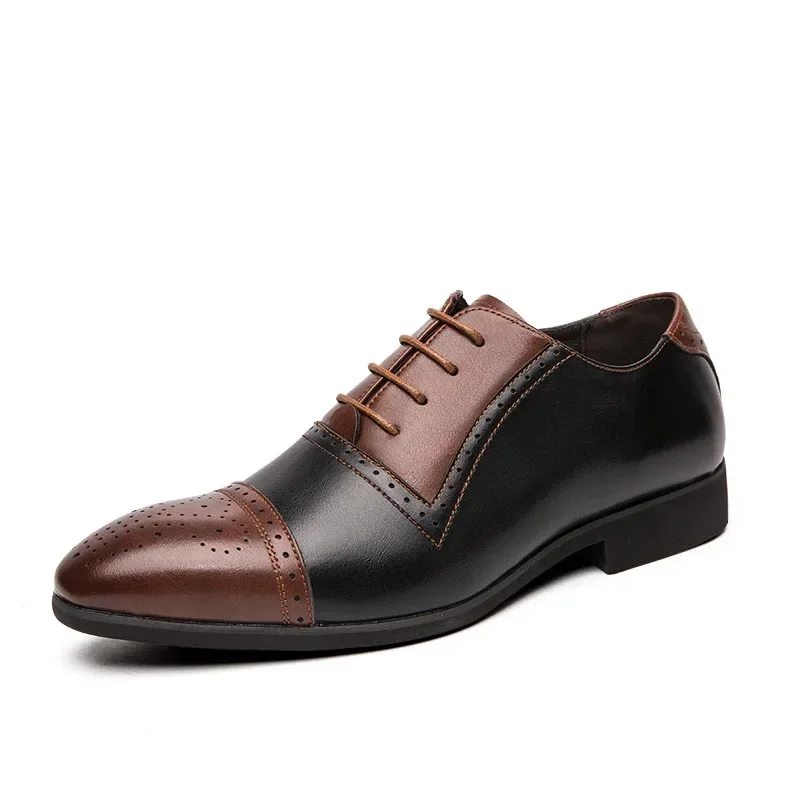 Brogue Shoes Men Shoes PU Color Matching Fashion Business Casual Personality Pointed Toe Hollow Lace-up Oxford Dress Shoes