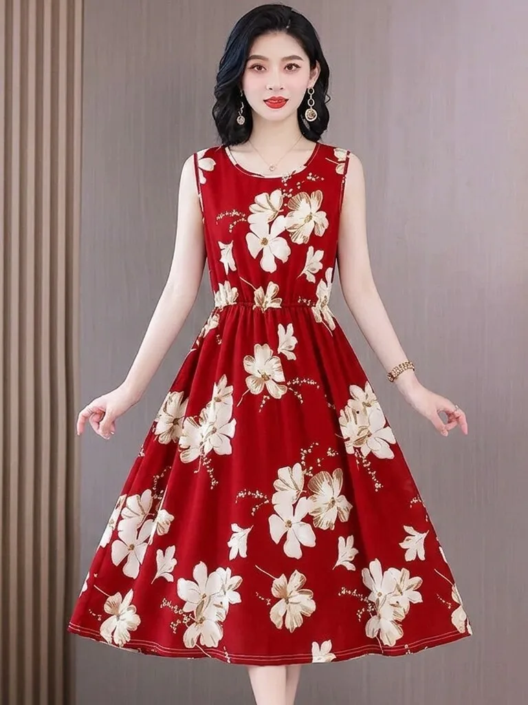 

New 2026 Sleeveless Floral Print Dress Women's Midi Length Waist Cinched Slimming Mommy Elegant Style Polyester Fiber Dress