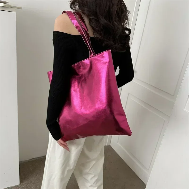 Glossy Tote Bags Women for Fashion High Capacity Shopping Pouch PU Leather Handags Shiny Casual Female Purse Girls Shoulder Bag