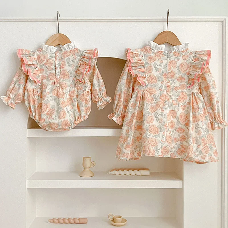 Autumn Baby Girls Dress Sister Clothes Infant Girls Cute Bow Flowers Rompers Girls Long Sleeves Dress Princess Sister Clothing