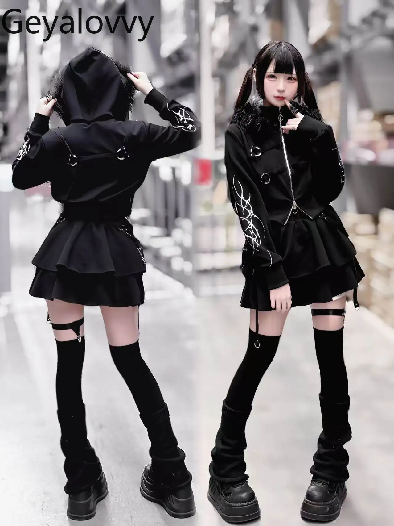 

Original Sweet Black Outfit for Girls Japanese Subculture Print Gothic Style Stand-up Collar Zip-up Short Top High-waisted Skirt