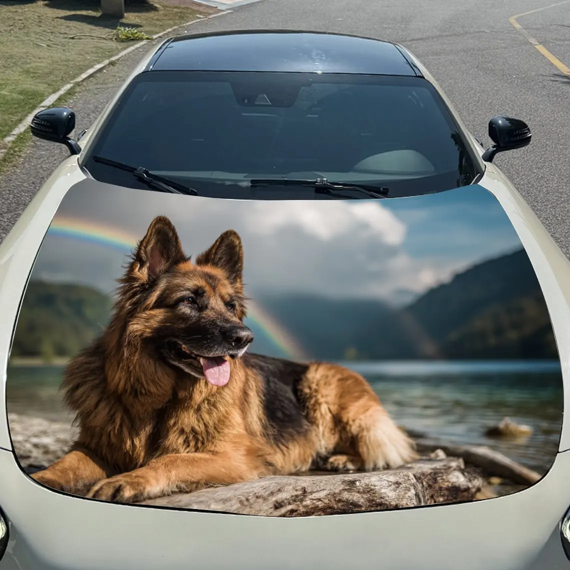 ملصقات سيارة راعي ألماني واقعي يسكع بحيرة مع ملصق غطاء محرك السيارة بخلفية قوس قزح وجبال، مقاوم للماء