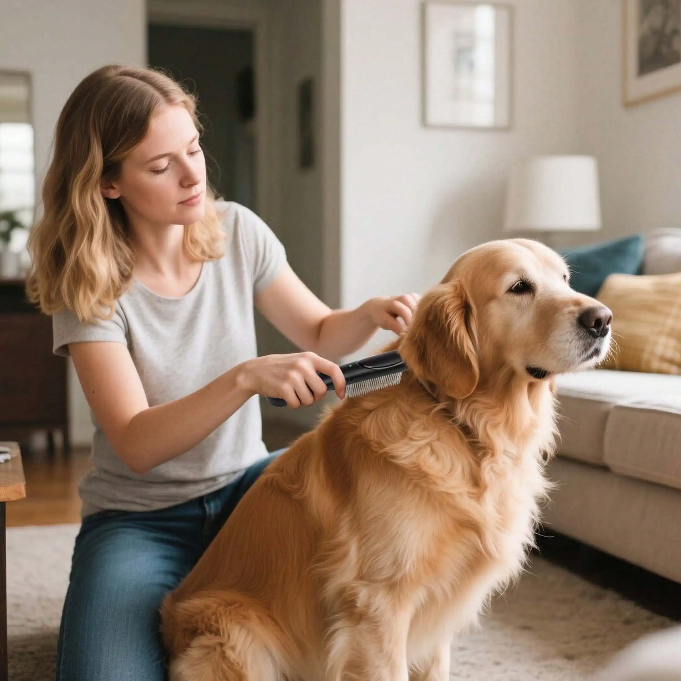 Professional Flea Comb for Long Haired Dogs & Cats - 3-Row Stainless Steel Dematting Tool with Negative Ions Electric Flea Comb