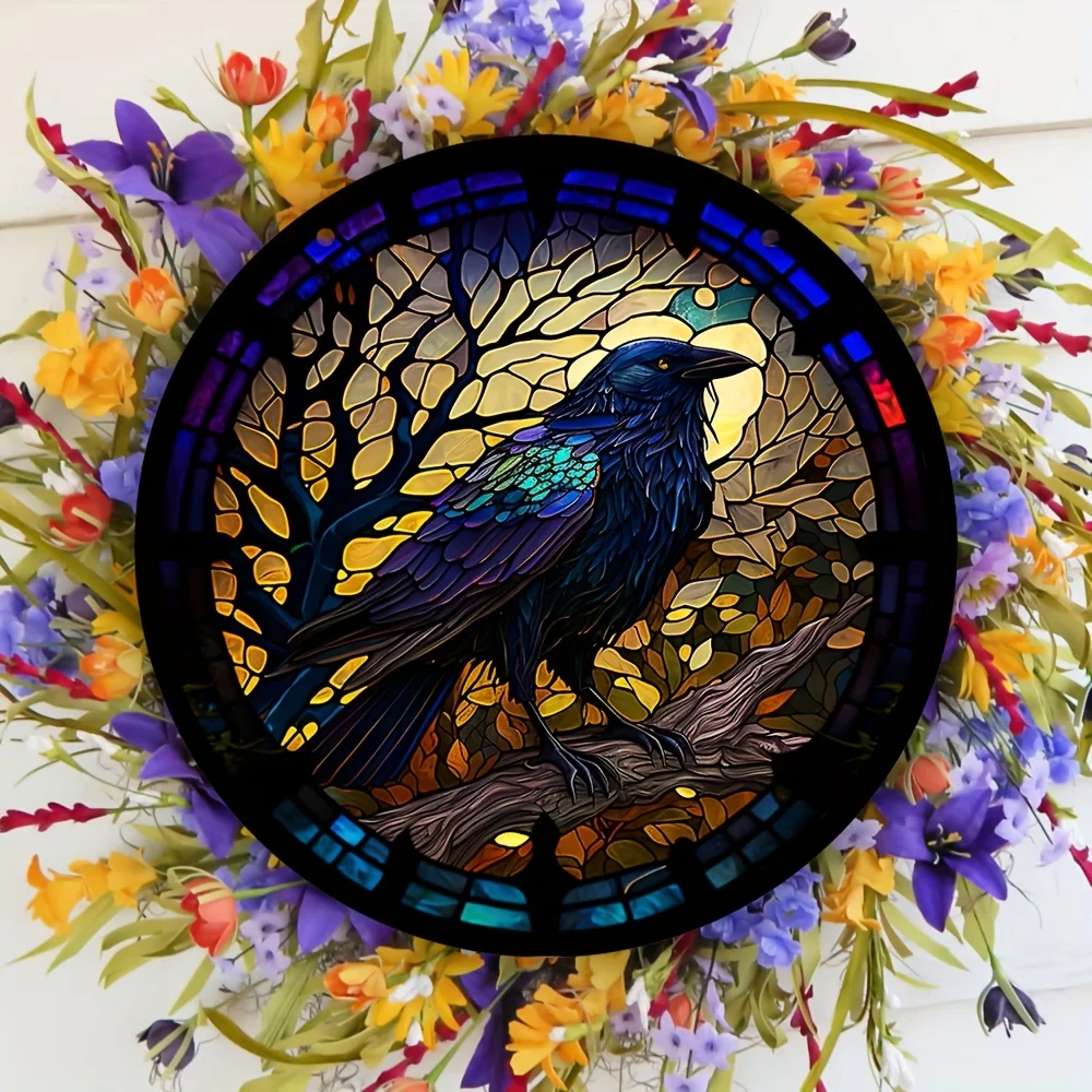 

Round Vintage Crow Suncatcher Wall Sign,Crow Stained Acrylic Window Decor,Acrylic,Round Sign,Wreath,Window,porch,Home,Room Decor