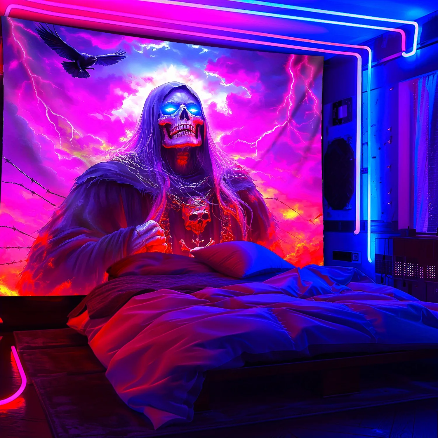 

VIKAMA Halloween Dark Night Lightning Skull Tapestry Neon Cape Gaming Room Music Party Gothic Style Room Decor