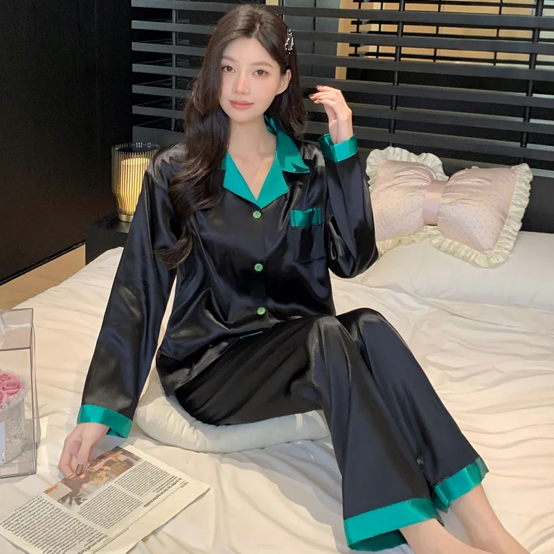 Advanced Ice Silk Cool Sleepwear for Women in Spring and Autumn Long Sleeved Set Black Temperament Homewear Set Worn Externally