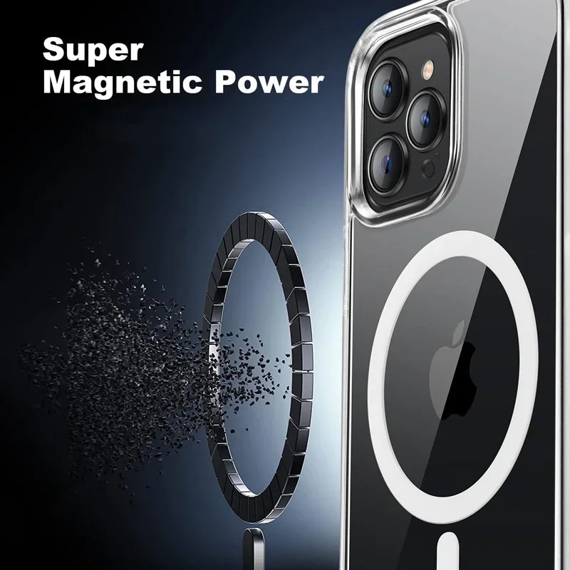 Luxury Clear Magnetic Case for iPhone 16 15 14 13 12 11 Pro Max Plus Case Compatible With MagSafe Magnetic Car Phone Mount Case