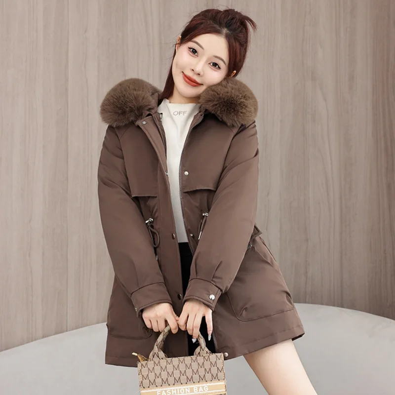Parkas pour femmes de haute qualité, vestes d'hiver à la mode, doublure, grand col en fourrure, vestes rembourrées en coton à capuche, vêtements d'extérieur mi-longs