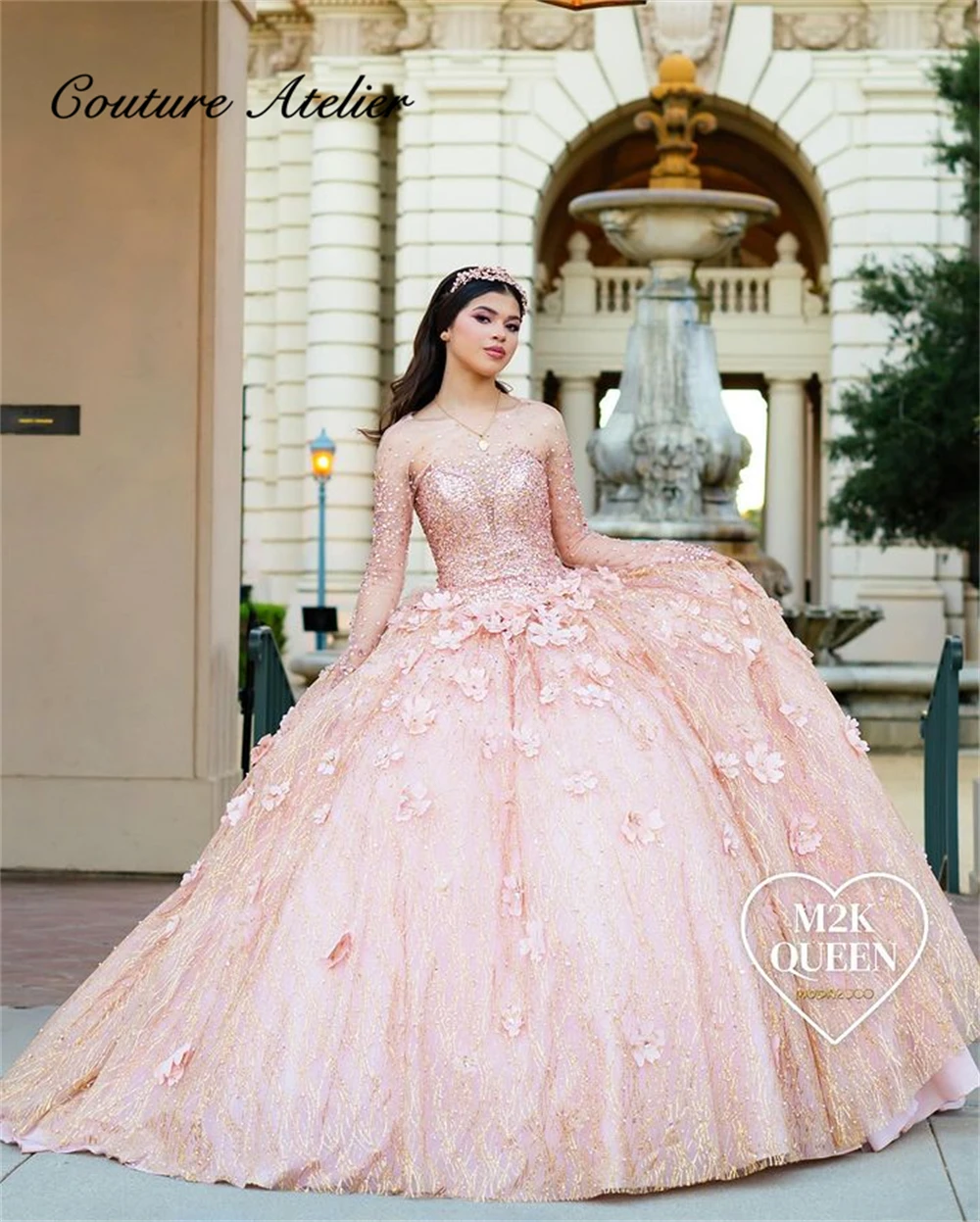 Vestido de baile de Quinceañera de manga larga brillante, flores en 3D, Rosa, con cordones, princesa dulce 15 16, 15 años