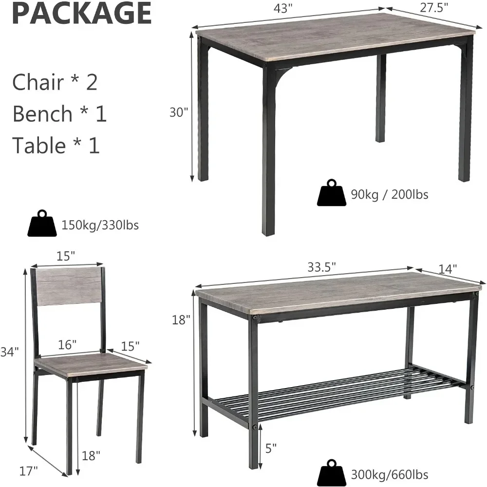 Dining Room Set for 4, Kitchen Table with Bench & Chairs, Industrial Gathering Bench Dining Set with Metal Frame & Storage Rack