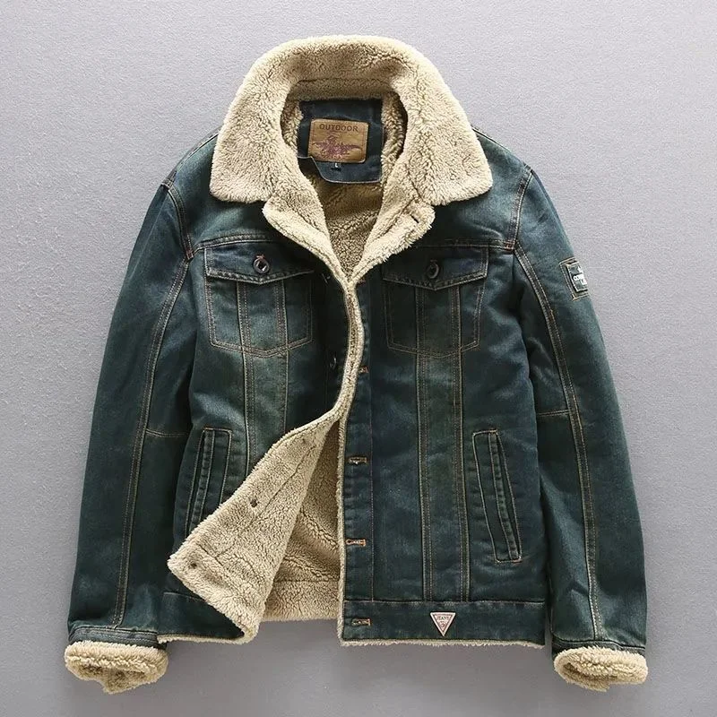 

Men's Jean jaet winter retro thiened cotton jaet wool collar denim coat