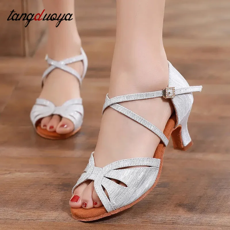 Zapatos de baile latino para mujer, suelas de ante, zapatos de baile de salón de Tango para interiores, tacones cubanos, zapatos de baile de tacón