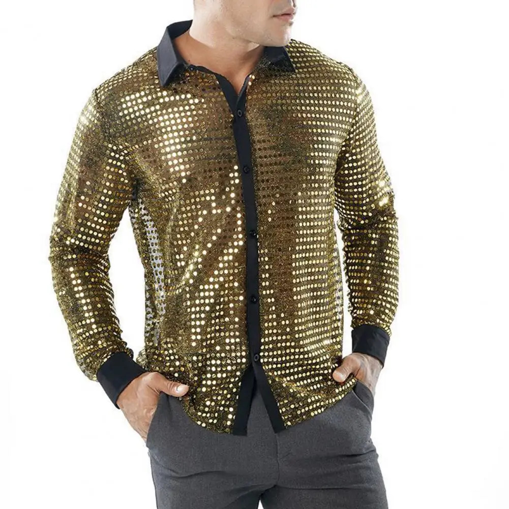 Herren hemd Vintage Herren Vintage 70er Jahre Herren Pailletten Revers Disco Shirt glänzend glänzend Slim Fit Einreiher Party Performance Club