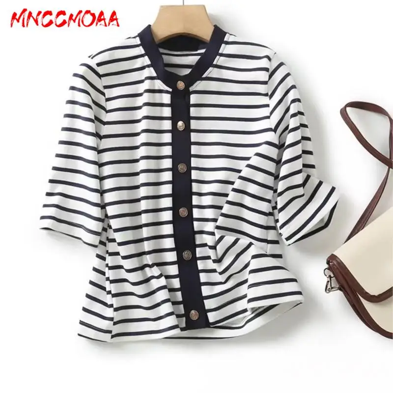 

MNCCMOAA-Women's Single Breasted Striped Short Sleeve Knitted Cardigan Coat, Casual Round Neck Top Female Outerwear Fashion 2024