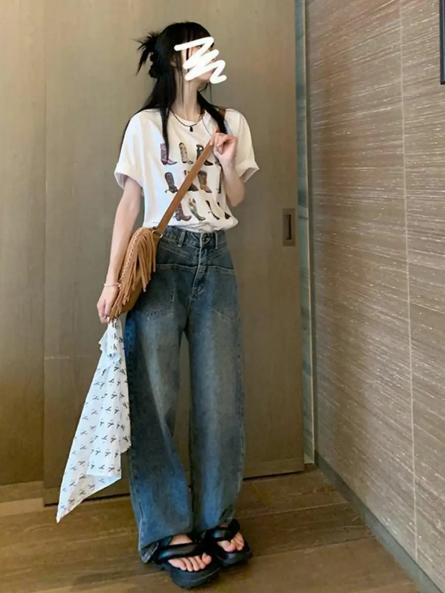 الربيع الصيف عالية الخصر واسعة الساق عارضة المرأة الجينز Personali كيت تصميم السراويل الطويلة خمر مستقيم قطع السراويل