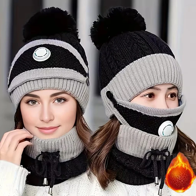 3PCS Winter Fashion Warm Scarf and Hat 3-Piece Set for Women Knitted Printed Skin Friendly Breather Valve Warm Earcup Accessory