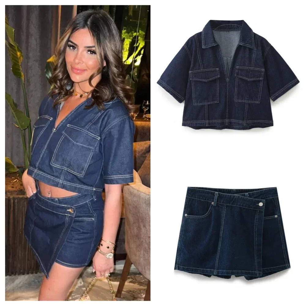 2024 Spring New Women\'s Fashion Temperament Casual Versatile V-neck Short Denim Shirt Double Breasted Denim Skirt Set