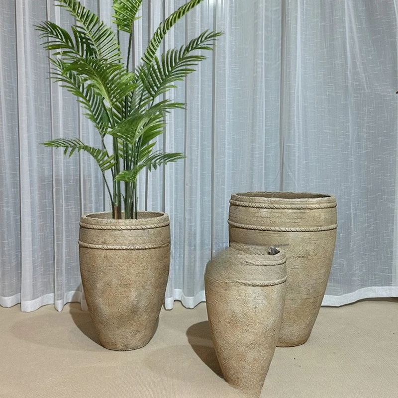 Large Bulbous Cement Planter Distressed Finish Outdoor Courtyard Decor Vase for Planting, Commercial Space Landscape Ornament
