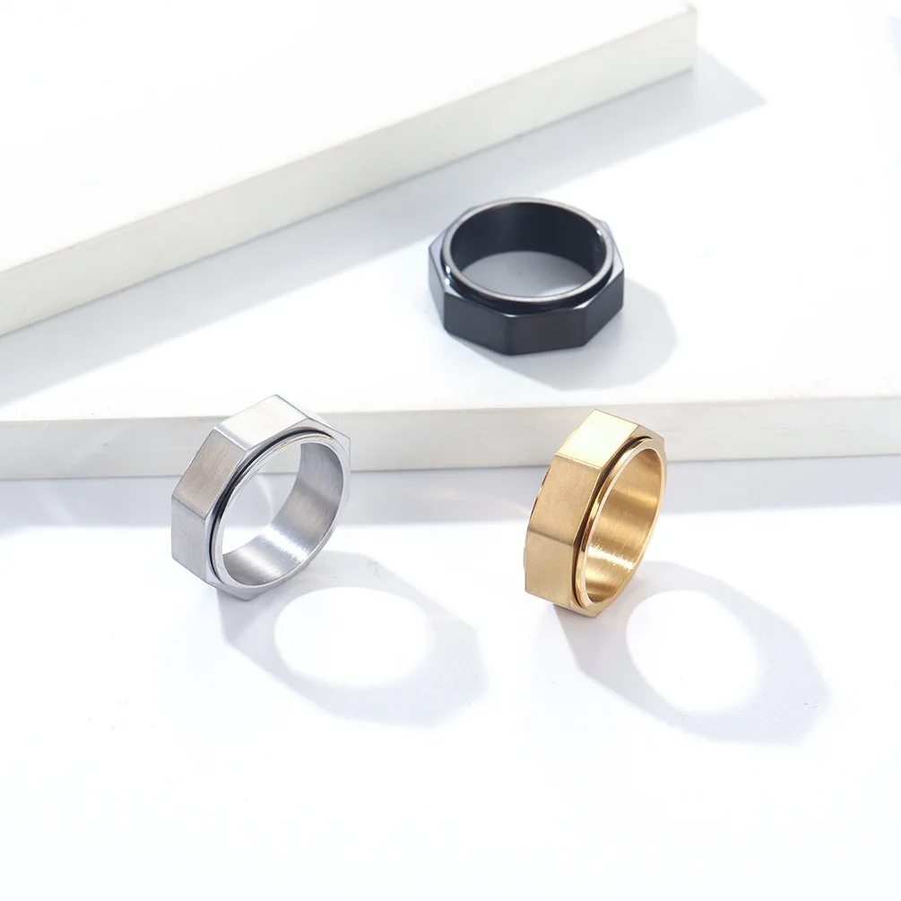 Titanium Stainless Steel Relieving Anxiety Ring for Men Octagon Spinner Nut Shape Ring Stress Relief Wedding Band Ring