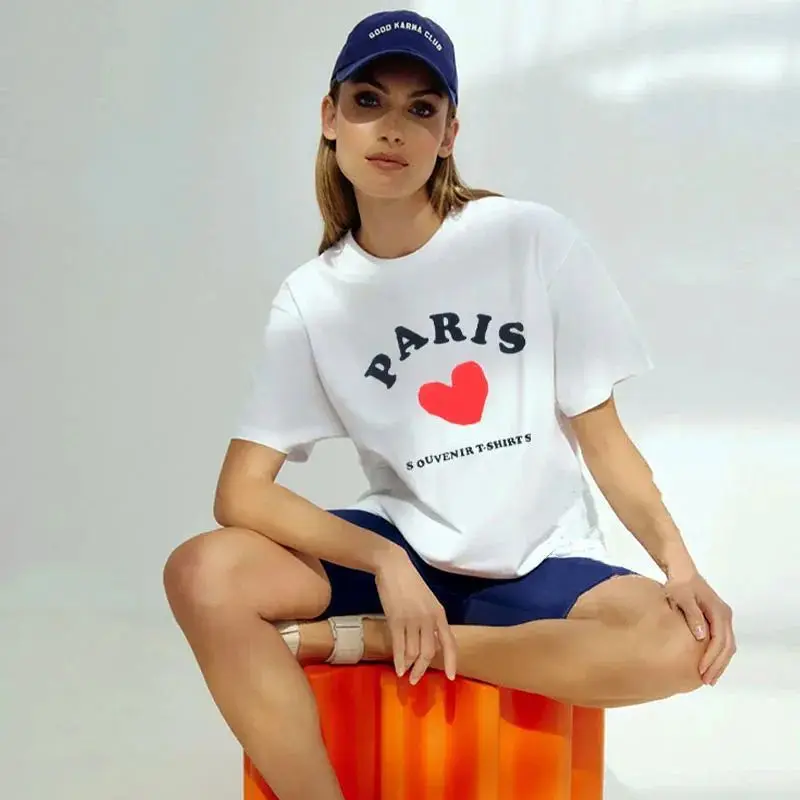 

Pure Cotton White American Heart-shaped Summer Printed T-shirt with Letters, Loose and Slimming, Round-neck Short-sleeved Top