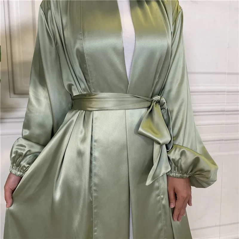 

Satin Open Abaya Dubai Turkey Kaftan Women Muslim Maxi Dress Eid Ramadan Kimono Cardigan Belted Jalabiya Femme Caftan Robe Gown