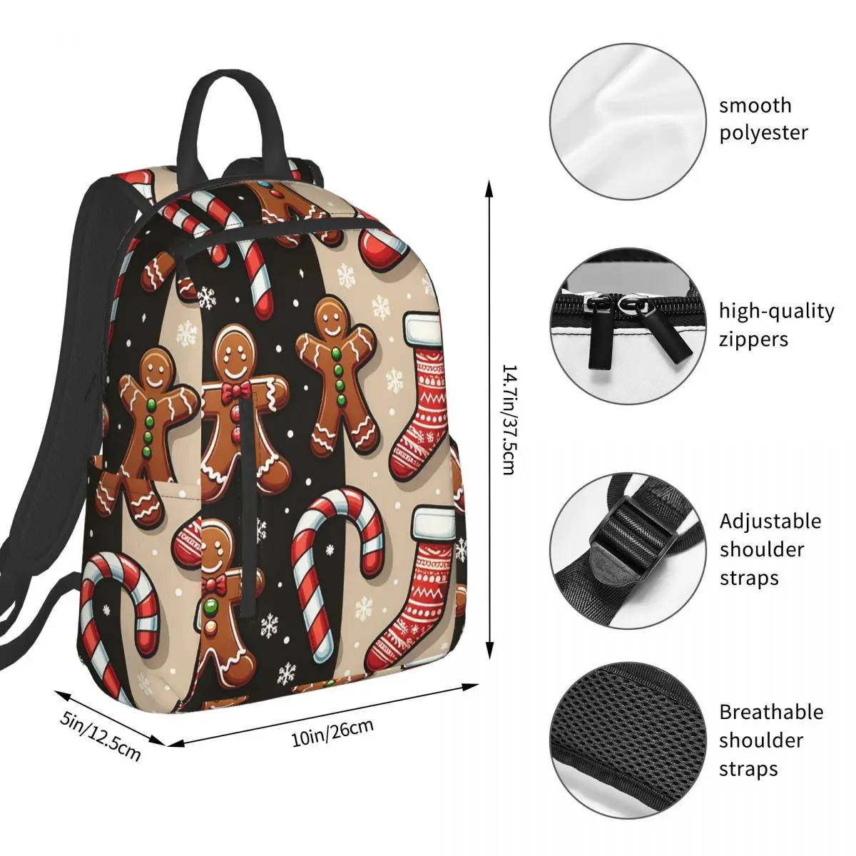 Christmas Gingerbread Candy Canes Backpack Student BookBag Kids School Bag Computer Shoulder Bags Boys Girls