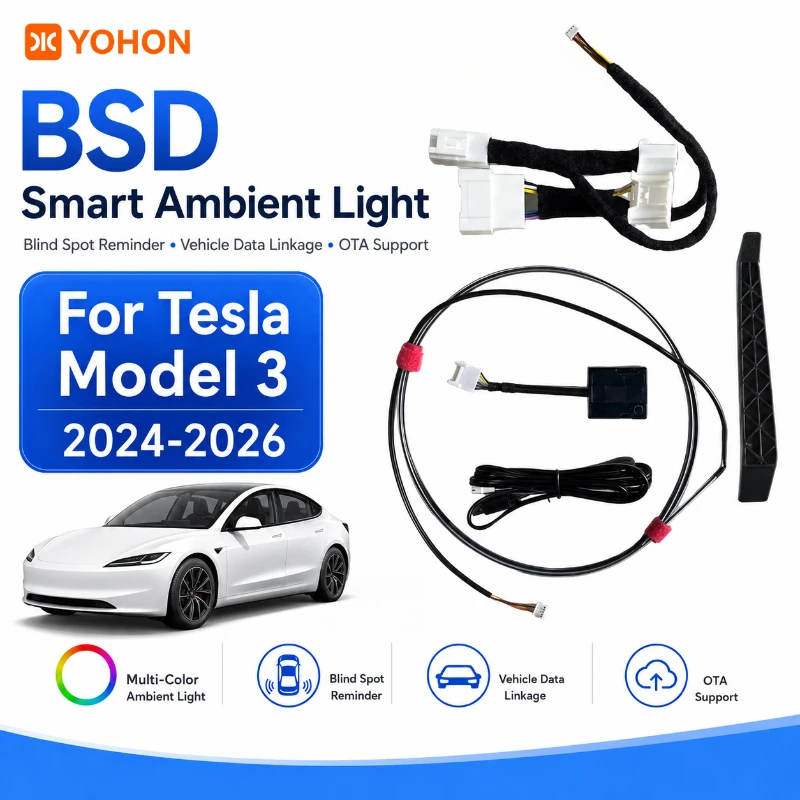 YOHON Smart Ambiente-Lichtleiste für Tesla Model Y 3 2021-2026 Totwinkel-Warnung Geschwindigkeitsalarm RGB LED-Streifen Innenraum-Zubehör