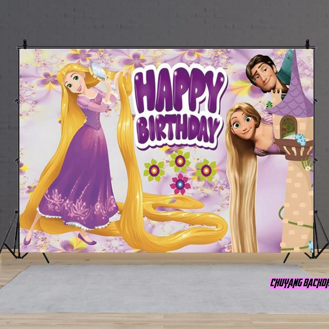 Disney Long Golden Hair Princess Tangled Rapunzel Birthday Party Photography Backdrop Custom Kids Baby Shower Vinyl Backdrop