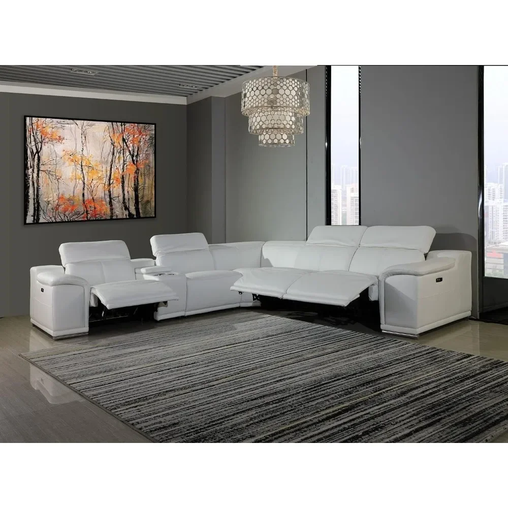 Sofa Venice 6 Piece Italian Leather Sectional Sofa with 3-Power Recliners, Adjustable Headrest USB and Wireless Charging Station