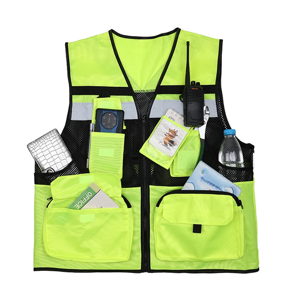 Reflective Vest High Visibility Security Protection Construction Work Clothing with Multi Pockets Fluorescent Yellow Safety Vest