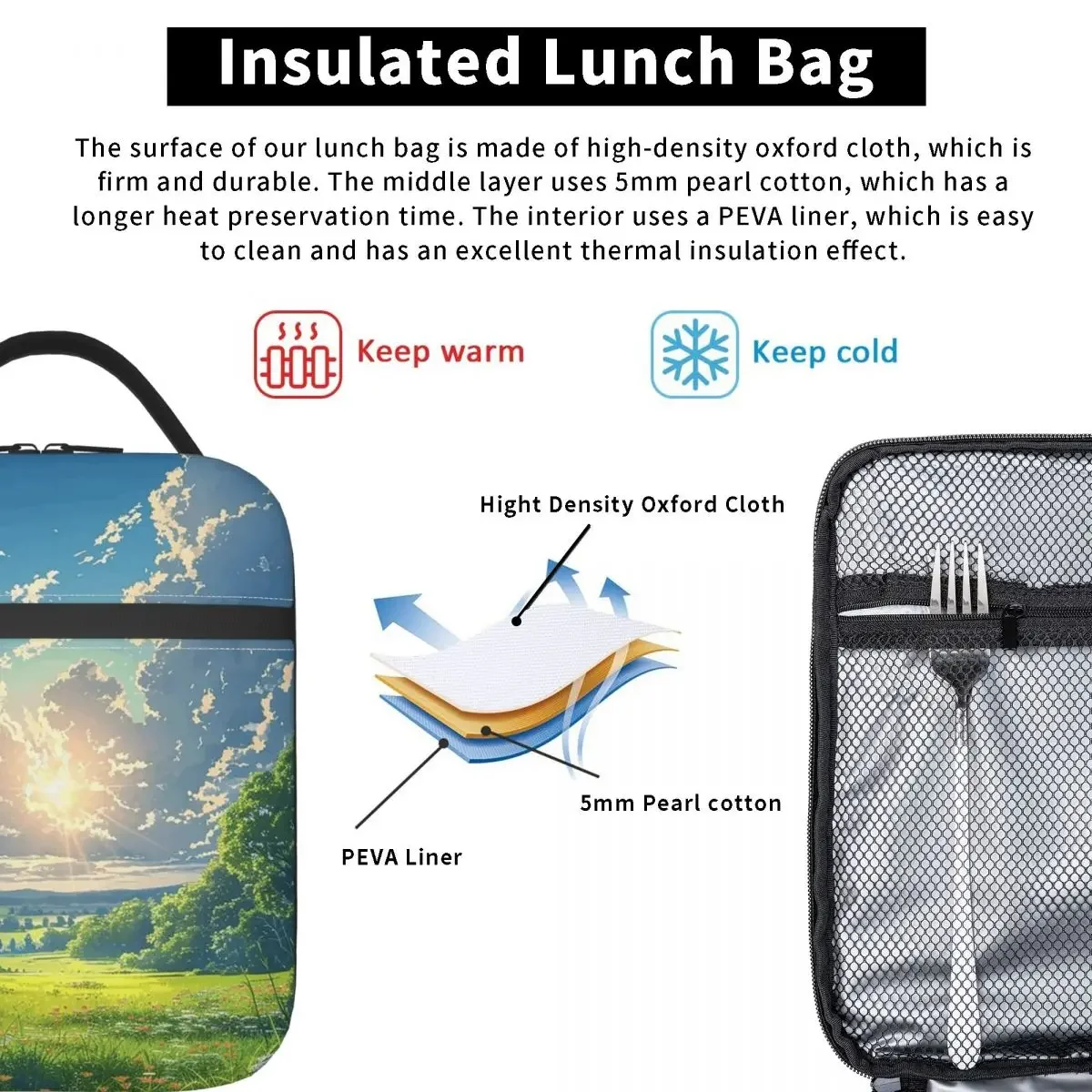 Japan Anime Green Natural Scenery Insulated Lunch Bag for Women Kids Portable Food Boxes Thermal Lunch Box Tote