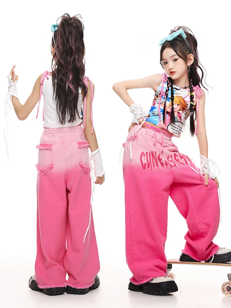 Abbigliamento hip-hop Kpop carino per bambini Canotta corta in pizzo con stampa bianca Pantaloni con orlo grezzo sfumato rosa per abiti da ballo di strada per ragazza