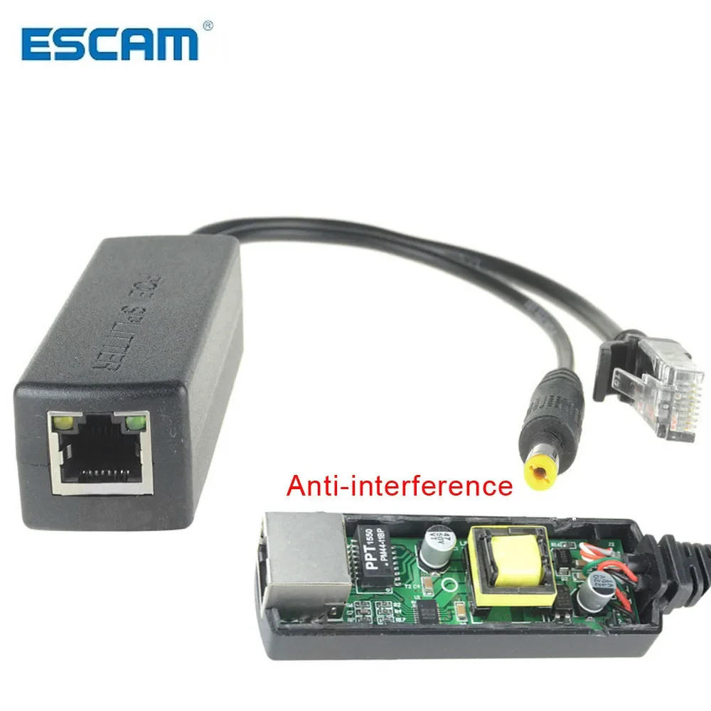 ESCAM 48V ila 12V PoE Ayırıcı Anti-parazit 15W POE Adaptör kablosu Güç kaynağı modülü DC5.5*2.1mm IP Kamera için Konektör