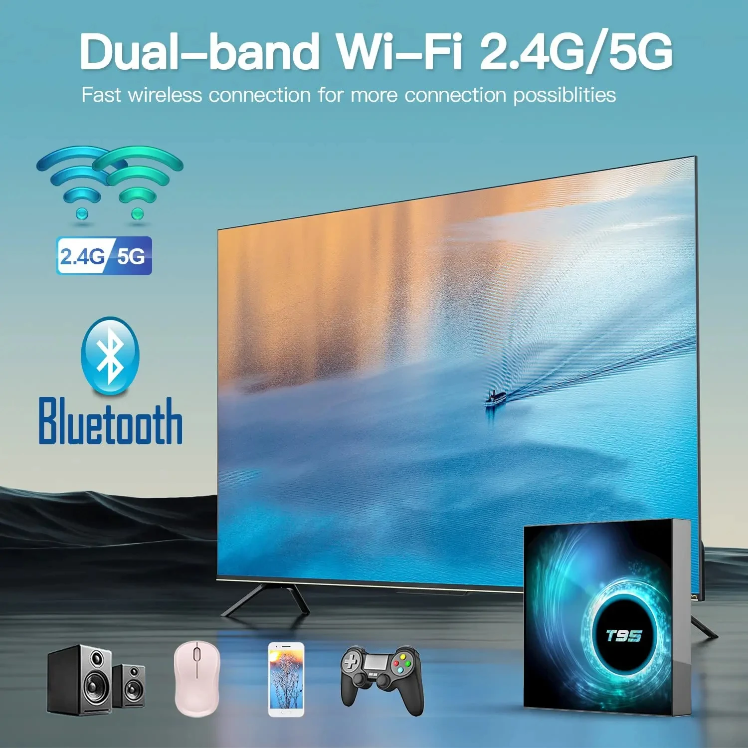 صندوق التلفزيون الذكي Android14 T95 128GB AllwinnerH616 6K مشغل الوسائط المزدوج WiFi 2.4G/5.8G Bluetooth5.4 مشغل الوسائط الصوتي صندوق التلفزيون 2025
