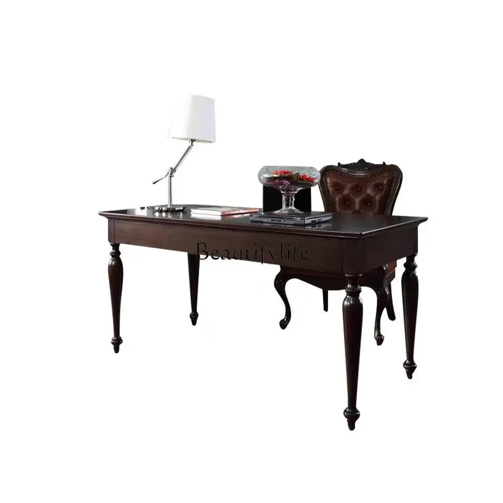 

ls 18French High-End Computer Desk Leather Art Button Writing Office Desk American Country Style Solid Wood Vintage Combination