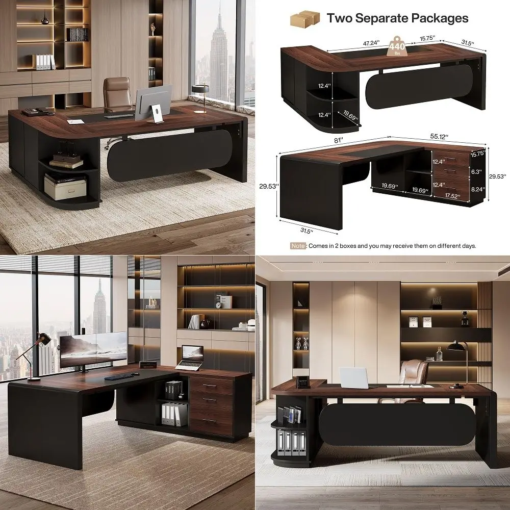 

81 LShaped Executive Desk, Large Modern Office Desk with Drawers and File Cabinet for Home or Business Workspace, Computer Desk