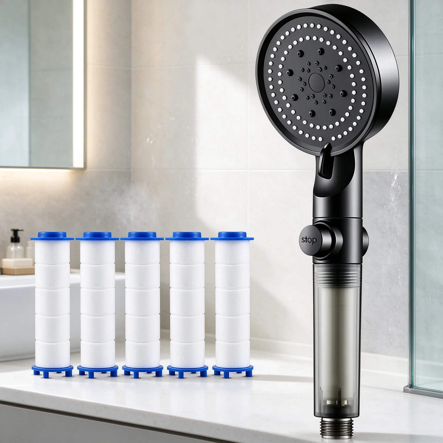 Handheld Showerhead with Built-in Filter Stop Valve 5 Spray Modes Self-Adhesive Wall Bracket & 5 Spare Filter Cartridges