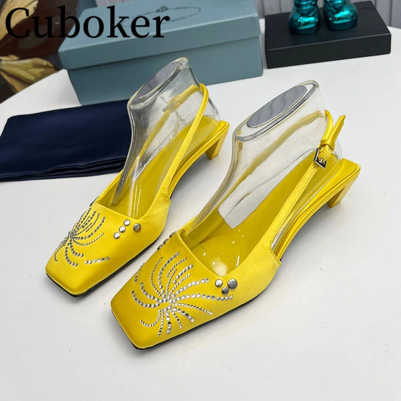 

2023 Satin bling Loafers Shoes Square toe Short Heels Women's Sandals 2024 Spring Summer Mules Women Dress Shoes Ladies Shoes