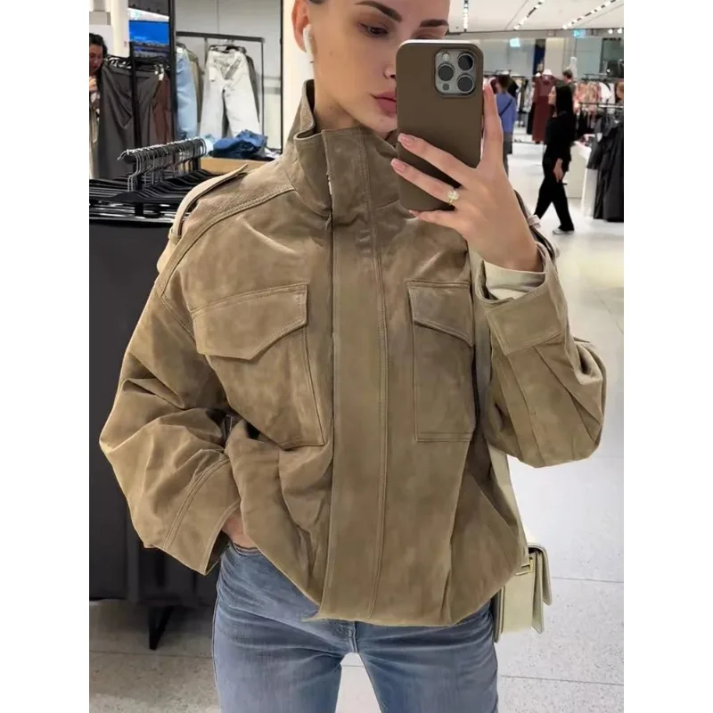 

New Autumn Winter Stand Collar Long Sleeve Jacket For Women Elegant Pocket Zipper Bomber Coat Female Chic Street Lady Outerwear