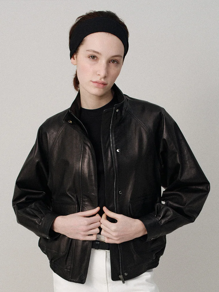 Women's Stand Collar Leather Jacket Early Spring Korean Style Small Size High End Feel PU Leather Coat Zipper Closure Long Sl...