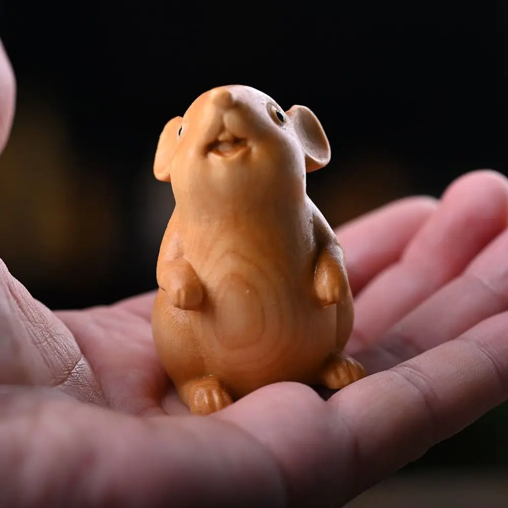 Home Decor Wood Carved Zodiac Mouse Statuette Cute Decorative Hamster Statue Funny Animal Figurine Sculpture Cabinet