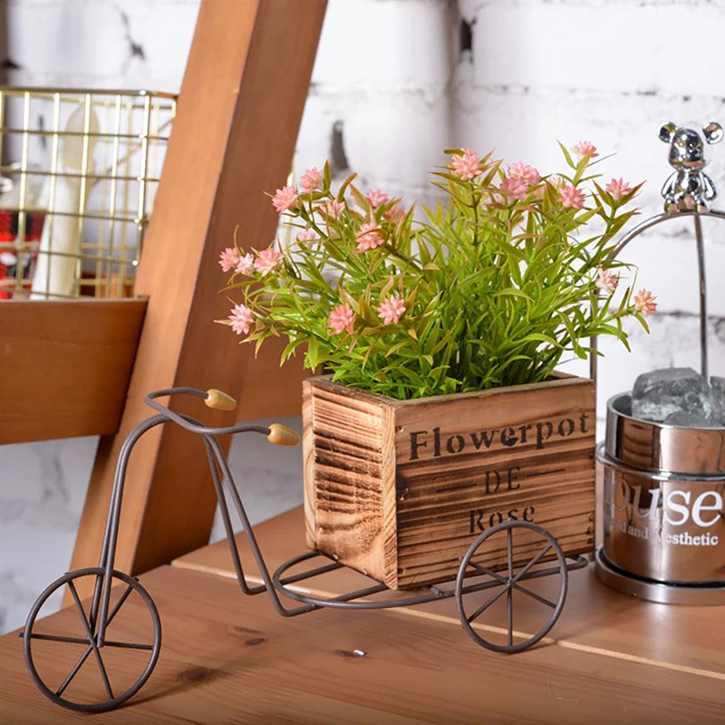 

Retro Flower Pot Wooden Bicycle Shaped Succulent Planter Iron Art Flowerpot Flower Stand Home Yard Garden Decoration Crafts