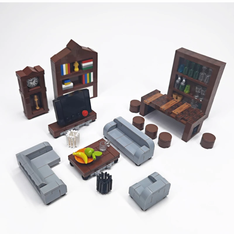 MOC-Bausteine, Möbel und Dekorationen für Wohnzimmer und Schlafzimmer – Bett, Bücherregal, Sofa, Computertisch, kleine Pflanzgefäße, Spielzeugmodelle. – Detail 5